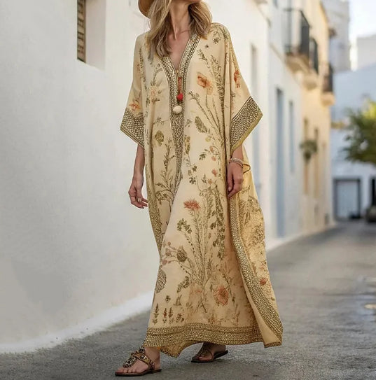 Premium Vacation Linen Kaftan with Geometric Detail