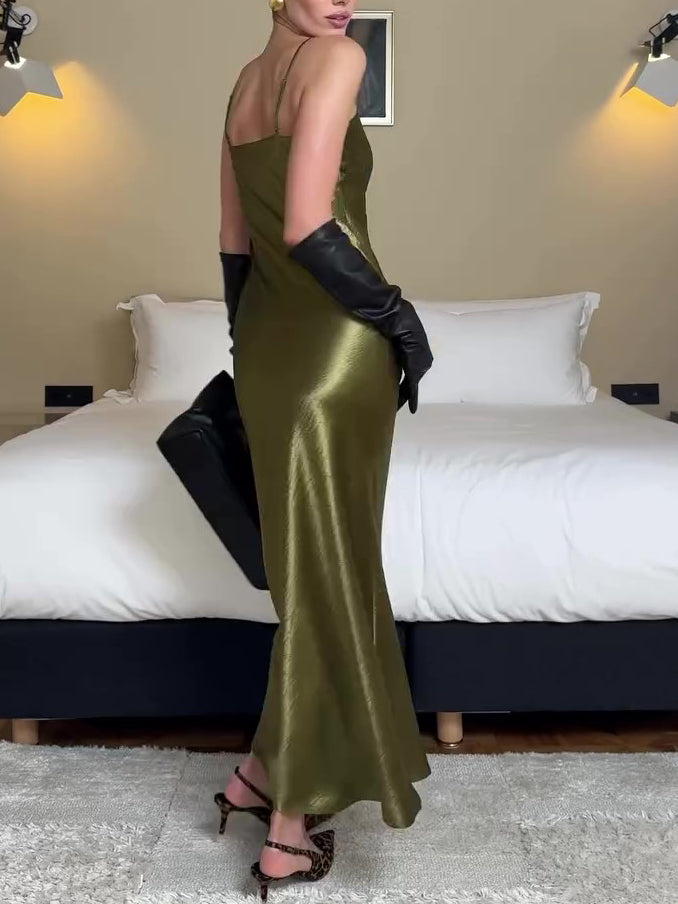 Olive Noir Satin Maxi Slip Dress: High-Shine Luxury Evening Wear