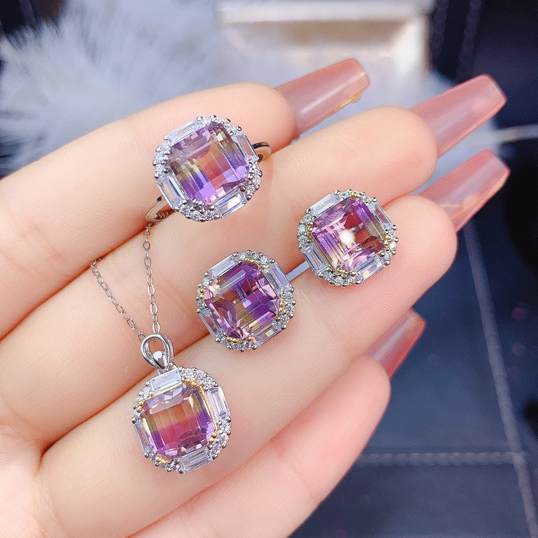 Natural Asscher Amethyst Trio Set | Luxurious Geometric Gemstone Collection