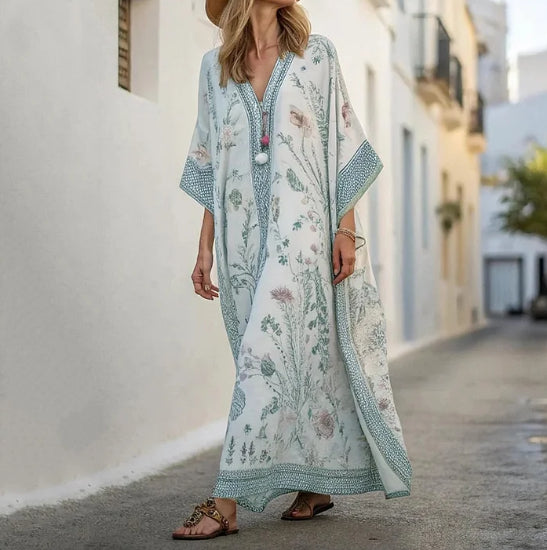 Premium Vacation Linen Kaftan with Geometric Detail