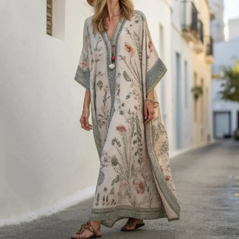 Premium Vacation Linen Kaftan with Geometric Detail