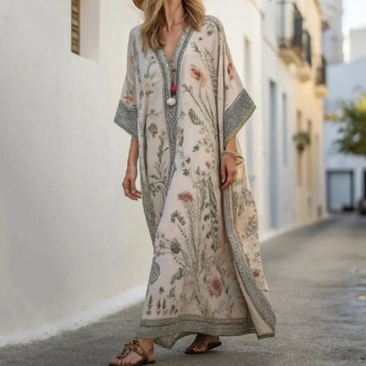 Premium Vacation Linen Kaftan with Geometric Detail