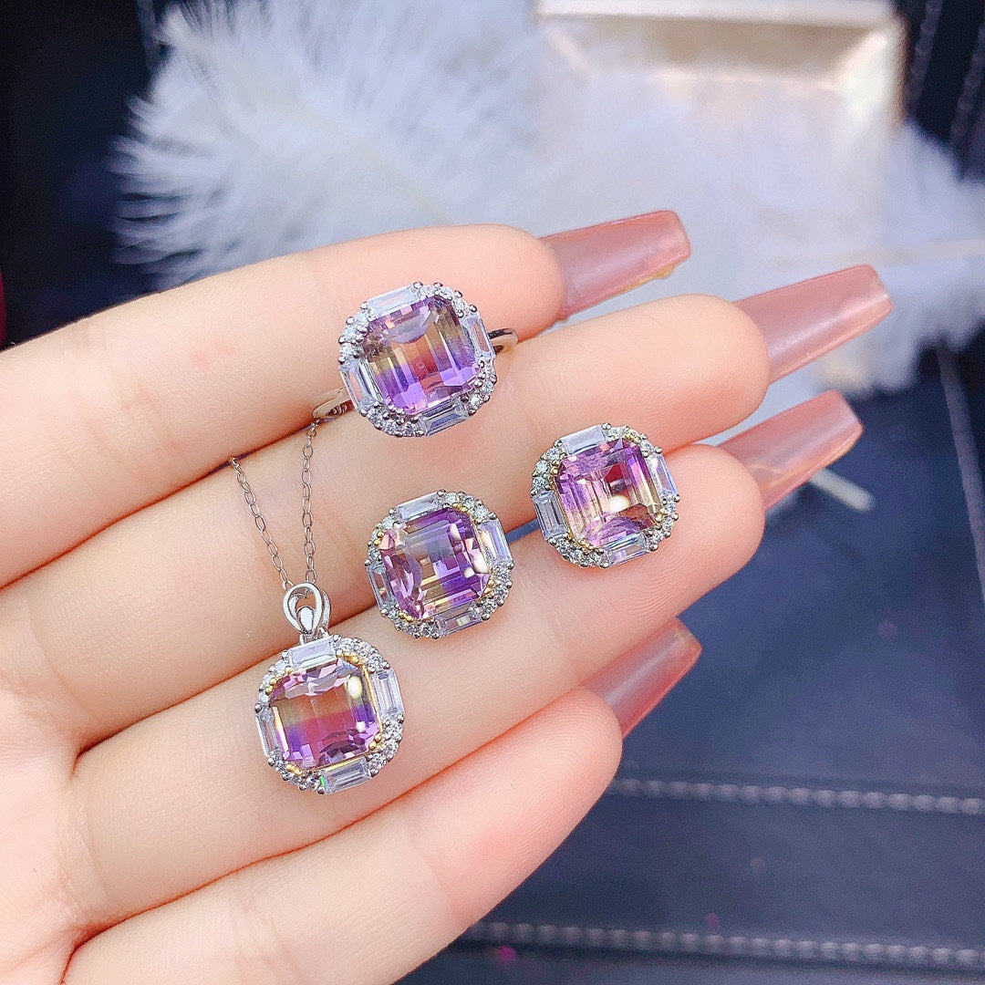 Natural Asscher Amethyst Trio Set | Luxurious Geometric Gemstone Collection