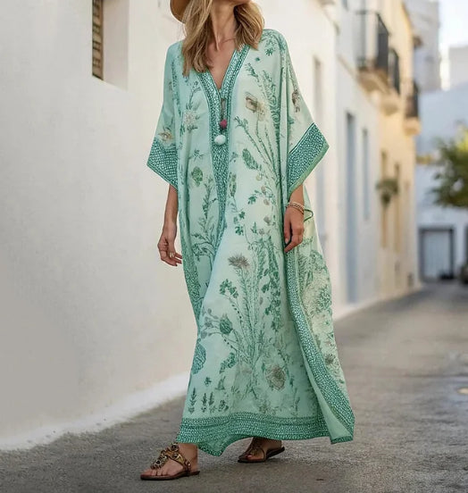 Premium Vacation Linen Kaftan with Geometric Detail