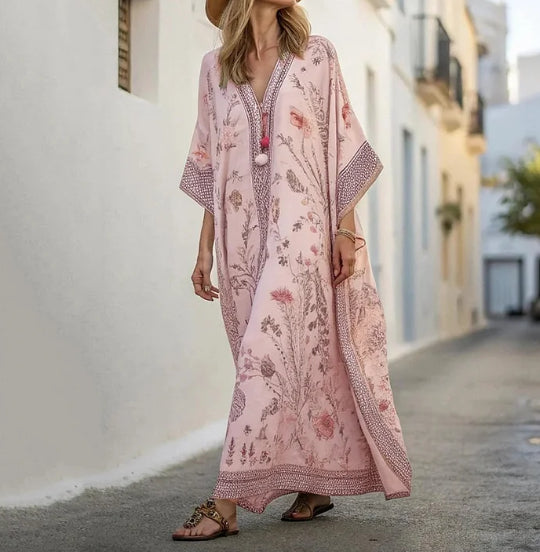 Premium Vacation Linen Kaftan with Geometric Detail